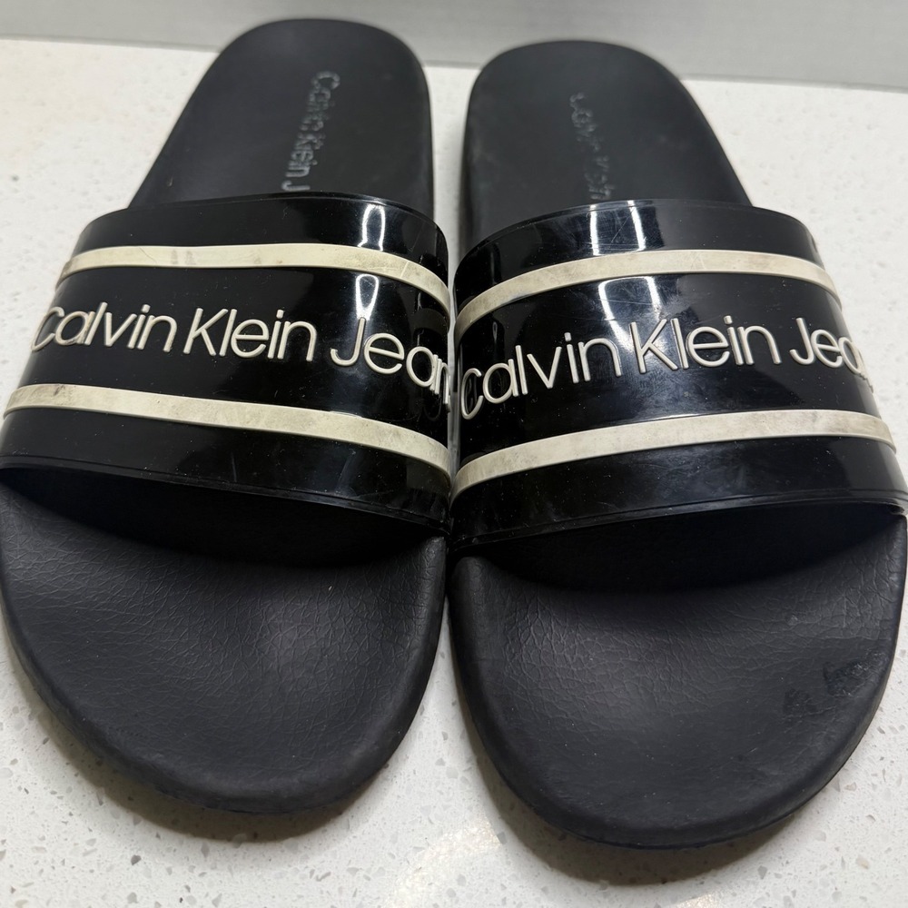 Calvin Klein Jeans Mens Black White Logo Slide Sandals Casual Athletic Shoes